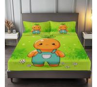 Lenzuolo con angoli in microfibra, morbido, resistente al restringimento e allo sbiadimento, con 2 federe, motivo Little People on the Grass, colore arancione, per letto matrimoniale, colore: verde