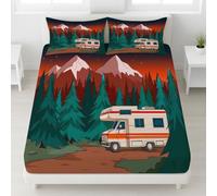 Lenzuolo con angoli in stile retrò, con tasca profonda da 30 cm, per letto matrimoniale piccolo, in morbida microfibra traspirante, resistente allo scolorimento (foresta di pini di camper)