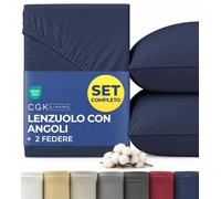 Lenzuolo con Angoli Jersey Cotone 160x200cm Blu Navy + 2 Federe 80x80cm - Pacco da 3-100% Cotone - Altezza 40cm / 16" - Morbido, Antipiega & Ipoallergenico - Certificato OEKO-TEX Standard 100