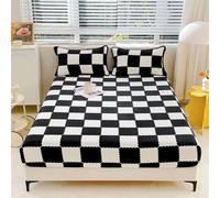 Lenzuolo con angoli, lenzuolo con angoli da donna, motivo scozzese nero, bianco, in velluto, morbido e confortevole, 180 cm di larghezza x 219 cm di lunghezza, 1 pezzo