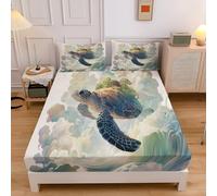 Lenzuolo Con Angoli,Lenzuolos Sotto Elasticizzato Profondità 30Cm,Stile Acquerello 3D Lenzuolo Con Angoli,Lenzuola In Microfibra (Maestosa Tartaruga Marina Tra Le Onde Del Mare,90X190Cm+30)
