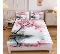 Lenzuolo con Angoli Letto Singolo lungo 90x200cm, tascone 30 cm, con 2 Federe 65x65cm, Cina Piante Lenzuola Sotto con Angoli in Microfibra Morbida a Motivo Elegante Albero Ciliegio In Fiore,Rosa
