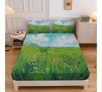 Lenzuolo Con Angoli Letto Una Piazza E Mezza 120X190Cm, Tascone 30 Cm, Con 2 Federe 65X65Cm, Astratto Piante Lenzuola Sotto Con Angoli In Microfibra Morbida A Motivo Campi Orizzonte,Verde