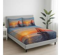 Lenzuolo con angoli Matrimoniale 140 x 200 cm 3 Pezzi + 2 Federa 50 x 80 cm, Materassi ≤30 cm, Microfibra Spazzolata, Morbido sulla pelle, Antirughe, Arancione, Oceano Barca Bandiera