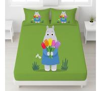 Lenzuolo con Angoli Matrimoniale 140 x 200 cm 3 Pezzi + 2 Federa 50 x 80 cm, Materassi con Altezza da 30cm, Microfibra Morbidi, Traspirante, Anti-Pieghe, Verde, Cartone Ippopotamo Fiori