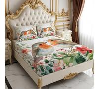 Lenzuolo con Angoli Matrimoniale 180 x 200 cm Uccelli Pettirosso Microfibra Morbida Elasticizzata per Letto Matrimoniale, Fiori ad acquerello Lenzuolo Sotto