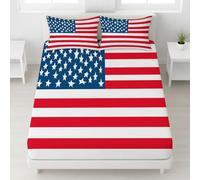 Lenzuolo con angoli Matrimoniale 200 x 200 cm 3 Pezzi + 2 Federa 50 x 80 cm, Materassi ≤30 cm, Microfibra Spazzolata, Morbido sulla pelle, Antirughe, Rosso, Strisce Stelle Bandiera