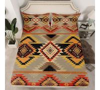 Lenzuolo con angoli per letto azteco, con tasche profonde, stampa sud-ovest americana, per bambini e adulti, decorazione per camera da letto, motivo geometrico a linee, 3 pezzi, 2 federe, senza