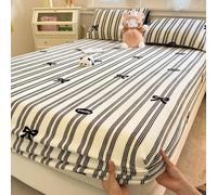Lenzuolo con angoli per letto matrimoniale, da donna, nero, crema, beige, strisce verticali con fiocco, velluto color latte, 150 x 200 cm (larghezza x lunghezza), 1 pezzo