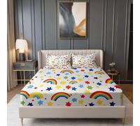 Lenzuolo con Angoli Semplice Carino Arcobaleno Stelle Stampa Microfibra Morbido - 160 × 200 cm Altezza Materasso Fino a 30 cm, Bianco Coprimaterasso Traspirante e Lavabile con 2 Federe