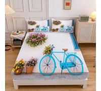 Lenzuolo con Angoli Singolo 1 persone 80x190cm, tascone 30 cm, con 2 Federe 50x80, Microfibra Morbida Motivo Italia Strade Bicicletta Vaso Fiori Bianco