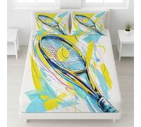 Lenzuolo con angoli Singolo 90 x 200 cm 2 Pezzi + 1 Federa 50 x 80 cm, Materassi ≤30 cm, Microfibra Spazzolata, Morbido sulla pelle, Antirughe, Giallo blu, Dinamico Linea Racchetta Da Tennis