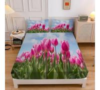 Lenzuolo con Angoli Singolo Fiori di Tulipani Stampe Lenzuolo Sotto Profondità 30cm, Coprimaterasso Traspirante e Lavabile con 2 Federe - 90x190cm sd1564