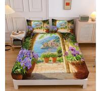 Lenzuolo con Angoli Singolo lungo 1 persone 90x200cm, tascone 30 cm, con 2 Federe 50x80, Microfibra Morbida Motivo Campagna Fiori Italia Arco Giallo