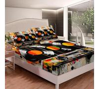 Lenzuolo con Angoli Singolo Retrò Lenzuolo con Angoli 3D Stampa Dischi In Vinile Microfibra Morbido - Altezza Materasso Fino a 30 cm, Coprimaterasso Traspirante e Lavabile con 2 Federe T850