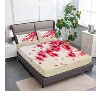 lenzuolo con angoli stampati 135 x 190 cm Pianta L'Eleganza Dei Fiori Di Ciliegio, Soft And Wrinkle Free Luxurious Microfiber Set di lenzuolafacile da pulire per una tasca profonda 30 cm, Crema