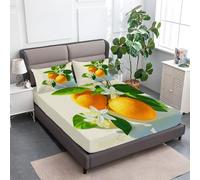 lenzuolo con angoli stampati 150 x 200 cm Letto Matrimoniale -Pianta Fiori D'Arancio Lenzuola Sotto con Angoli in Microfibra, per Materasso Alto 30cm, 2 Federe Cuscino Letto, Crema