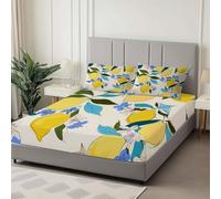 lenzuolo con angoli stampati 90 x 190 cm Letto Matrimoniale -Pianta Fiori Di Limone Lenzuola Sotto con Angoli in Microfibra, per Materasso Alto 30cm, 2 Federe Cuscino Letto, Beige