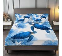 lenzuolo con angoli stampati Blu Polvere, Resistente allo scolorimento Facile da pulir lenzuolo con angoli Tartaruga Corallina Retrò Ad Acquerello per una tasca profonda 30 cm 180 x 200 cm