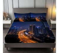 lenzuolo con angoli stampati Mezzanotte Blu, Resistente allo scolorimento Facile da pulir lenzuolo con angoli Scena Notturna Di Architettura Urbana per una tasca profonda 30 cm 90 x 190 cm