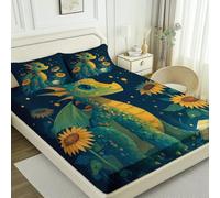 Lenzuolo con angoli stampato Blu scuro, Cartone animato Drago Girasole Lucciola Lenzuolo con Angoli in Microfibra - Altezza Materasso Fino a 30 cm - Coprimaterasso Lavabile con 2 Federe 90 × 190 cm
