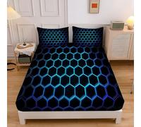 Lenzuolo Con Angoli Una Matrimoniale 140X200Cm Neon Esagono Lenzuolo Sotto Con Angoli Alto 30 Cm Geometria A Nido D'Ape Bambino Lenzuola Letto Morbido, Blu Nero 3D Coprimaterasso