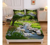 Lenzuolo Con Angoli Una Piazza E Mezza 120X190Cm, Tascone 30 Cm, Natura Piante Ruscello Lenzuolo Con Angoli Con 2 Federe 50X80Cm, Coprimaterasso In Microfibra Morbida Motivo Olivi Erbacce,Verde