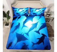 Lenzuolo con Angoli Una Piazza e Mezza 120x200 Delfino Pesce Lenzuolo Sotto con Angoli Alto 30 cm Vita Marina Blu Bambino Lenzuola Letto 1 Piazza e Mezza, 3D Coprimaterasso a.5816