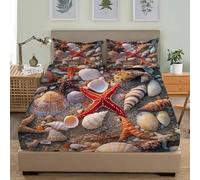 Lenzuolo con Angoli Una Piazza e Mezza Stella Marina e Conchiglia 140x200 cm Stampa 3D Spiaggia Hawaiana Lenzuolo Sotto con Angoli Morbido Microfibra Profondità 30cm con 2 Federa F-74