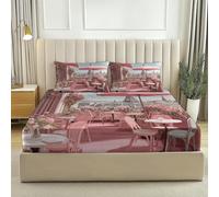 Lenzuolo Con Arte Digitale Caffè Parigini, 120 x 200 + 30 cm Con 2 Federa Per Cuscino - Rosa Microfibra Traspirante E Lavabile Coprimaterasso Altezza Materasso Fino A 30 Cm