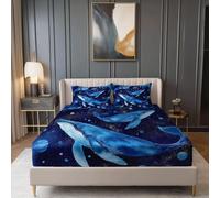 Lenzuolo Con Sogno Cielo Stellato Balena, 120 x 200 + 30 cm Con 2 Federa Per Cuscino - Blu Microfibra Traspirante E Lavabile Coprimaterasso Altezza Materasso Fino A 30 Cm