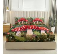 lenzuolo Funghi da favola Piante verdi stampati, 100% Microfibra 160 x 200 cm per una tasca profonda 30 cm lenzuolo con angoli resistente allo scolorimento, facile da pulire Rosso Verde