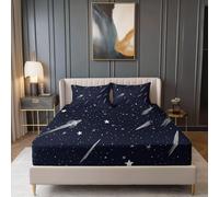 Lenzuolo sopra morbido e confortevole 90x190 cm Lenzuolo 100% microfibra spazzolata, senza rughe e anti-peeling Galassia Cielo Notturno Stelle Cometa per Materasso Alto 30cm, Blu Scuro