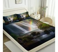 Lenzuolo sotto con Angoli 150 x 200 cm, Morbido Traspirante Microfibra Foresta Cascata Rocce Stampa facile da pulire Verde Blu lenzuolo - per ragazze ragazzi e adolescenti