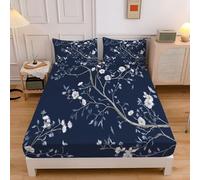 Lenzuolo Sotto Con Angoli, Cina Fiori Lenzuola Sotto Elasticizzato, Fiori Bianchi Ramoscelli Lenzuolo Coprimaterasso Elastico Lenzuola Singolo 80X190Cm Blu Scuro