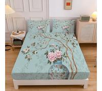 Lenzuolo Sotto Con Angoli, Cina Fiori Lenzuola Sotto Elasticizzato, Peonie Rosa Fiori Lenzuolo Coprimaterasso Elastico Lenzuola Singolo Lungo 90X200Cm Azzurro