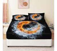 Lenzuolo sotto con Angoli, Stampa Rune dell'acqua del fuoco dello yin e dello yang Traspirante Nero Elasticizzati Coprimaterasso Tasca Profondità 30cm per Letto Singolo/Matrimoniale - 140 x 190 cm