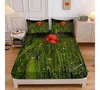Lenzuolo Sotto una Piazza e Mezza Fiore di Bellezza Pianta Verde Lenzuolo Sotto con Angoli in Microfibra, Microfibra Coprimaterasso Traspirante e Lavabile con 2 Federe - 120x190cm sd2251
