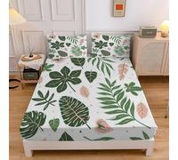Lenzuolo Sotto una Piazza e Mezza Foglie di Piante Tropicali Stampe Lenzuolo Sotto Profondità 30cm, Morbido in Lavatrice Coprimaterasso Traspirante e Lavabile con 2 Federe - 140x200cm sd4422