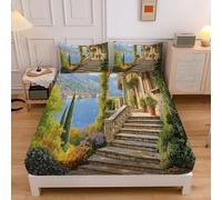 Lenzuolo Verde Italia Vista Mare Porto Villa, Lenzuolo con Angoli, Microfibra Morbida Spazzolata, 160x200cm Set di Biancheria da Letto con Tasche Profonde da 30 cm con 2 Federe 50x80 cm