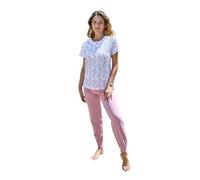 Leo Corsetteria Pigiama Donna 100% Cotone Manica Corta con Pantalone Lungo con Polsini, con Bottoni Taglia XL Colore Bianco Rosa