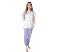 Leo Corsetteria Pigiama Donna 100% Cotone Manica Corta con Pantalone Lungo con Polsini, con Bottoni Taglia XL Colore Bianco Azzurro