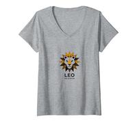 Leo Stagione Zodiaco Leone Geometrico Maglietta con Collo a V, Donna, Grigio Melange, L