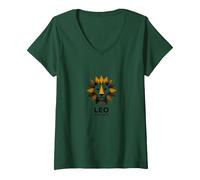 Leo Stagione Zodiaco Leone Geometrico Maglietta con Collo a V, Donna, Verde Foresta, S