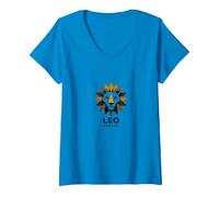 Leo Stagione Zodiaco Leone Geometrico Maglietta con Collo a V, Donna, Zaffiro, XXL