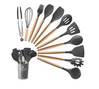 LEOFLA Set Di 11 Utensili Cucina In Silicone Resistenti Al Calore Con Manico In Legno