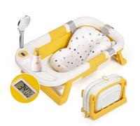 Leogreen Vaschetta Bagnetto Neonato,Vasca da Bagno Pieghevole con Tappetino da Bagno,Vaschetta per Bambini con Termometro Digitale da Viaggio e Vassoi, Essenziale per Neonati 0-36 mesi