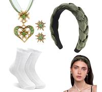 LEOINAER Cerchietto per Donna in Velluto Intrecciato, Elastico Criss Cross con Accessori per Capelli, Set con Orecchini e Collana Fiore di Neve, Calze Bianche Pieghettate, Verde