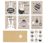 LEOINAER Set Completo Biglietti Auguri Pasqua - 6 Biglietti Pieghevoli, 6 Buste e 1 Adesivo - Design Tradizionale e Dolce con Coniglietto, Carta di Alta qualità, Ideale per Messaggi Personalizzati