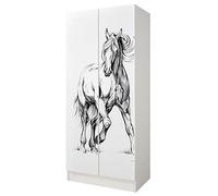 leomark armadio bianco 70 x 42,5 x 161,5 cm alla stanza del bambino, capiente e funzionale armadio in legno con ante, solido appendiabiti, mobili per bambini, Cavallo